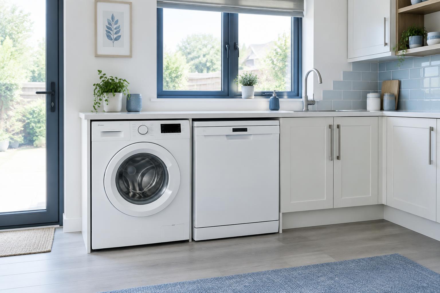 Washing machine and dishwasher installed in a modern utility room
