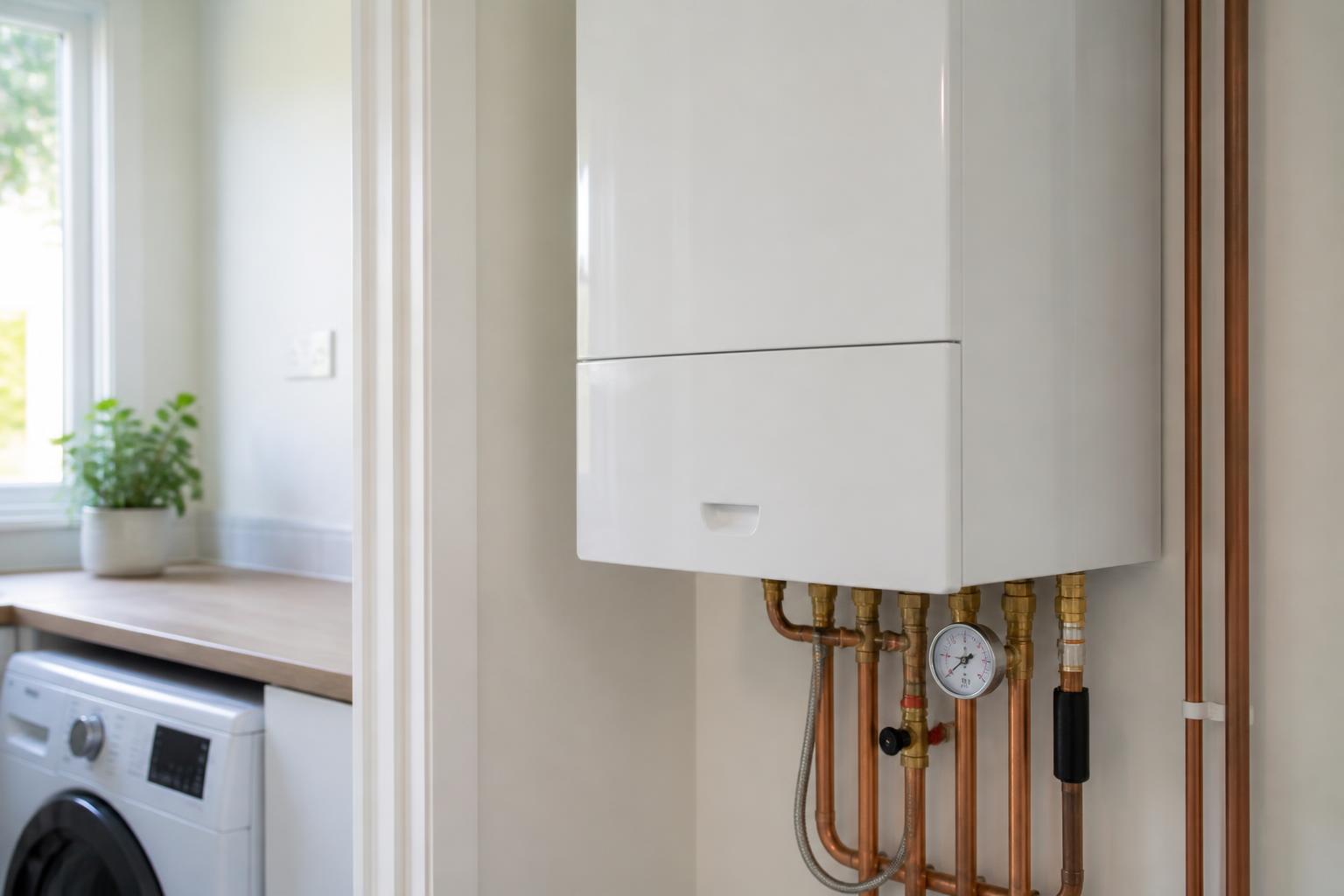 Wall mounted gas boiler in a utility room